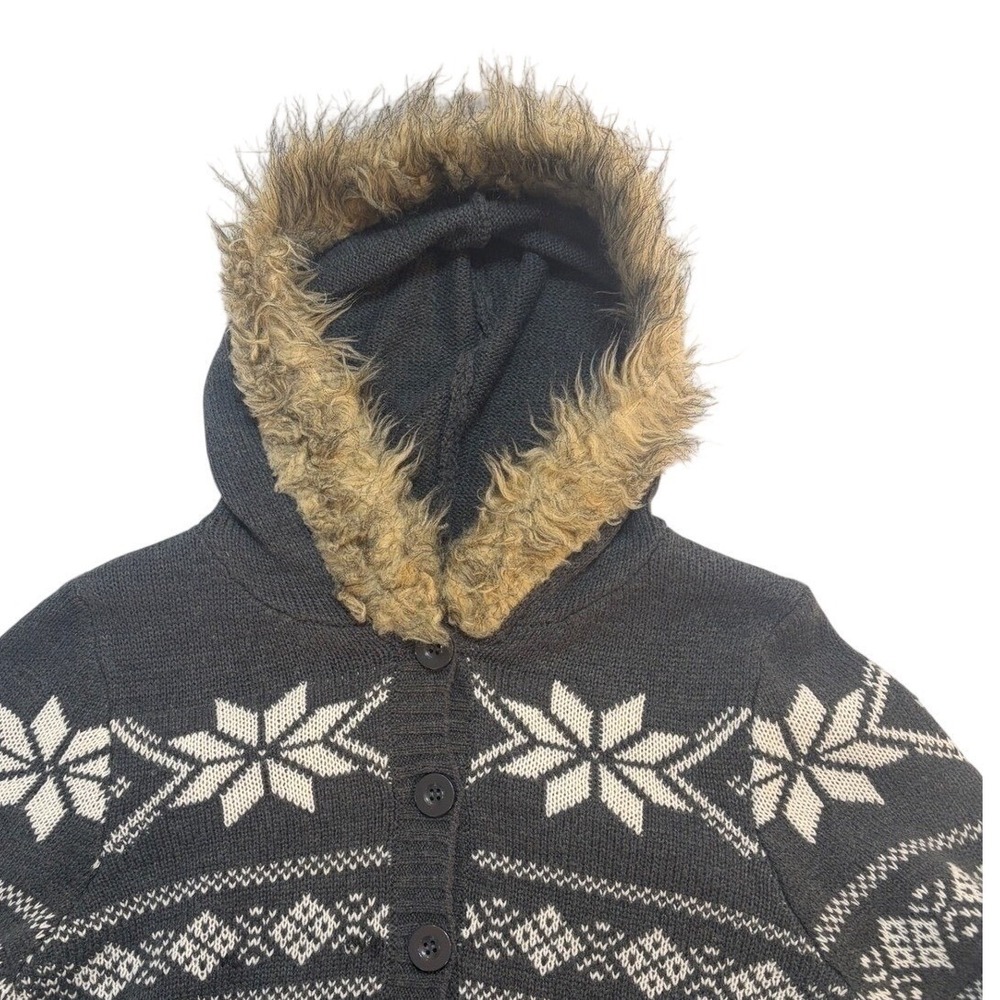 Sweater Project Womens Large Gray Fair Isle Cardigan Faux Fur Lined Hood